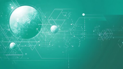 Poster - Abstract teal background featuring planets geometric shapes and sparkling effects