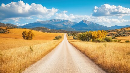 Wall Mural - A serene dirt road winds through a lush field, leading towards majestic mountains that rise prominently against the clear sky in the background.