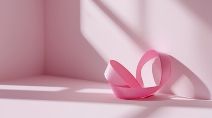 Poster - A minimalist pink ribbon heart design with shadows on a plain white surface. 