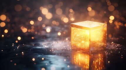 Poster - a glowing box placed on a reflective surface, surrounded by sparkles, symbolizing the allure of luxu