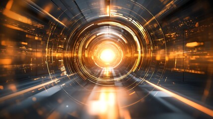 Poster - The glowing futuristic tunnel with bright yellow energy lights
