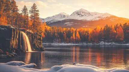 Wall Mural - A serene snowy mountain scene features a cascading waterfall flowing into a tranquil lake, surrounded by pristine nature and clear blue skies.