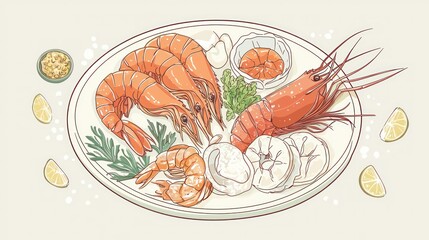 Poster - A minimalist vector design of a seafood platter with elegant line art and soft pastel colors. 
