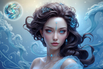 Wall Mural - pisces woman in blue tonality with zodiac sign pisces and ethereal background, astrology concept