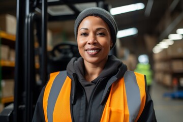 Wall Mural - Portrait of a middle aged female forklift worker in warehouse