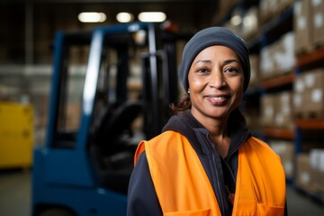 Wall Mural - Portrait of a middle aged female forklift worker in warehouse