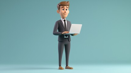 Poster - A modern 3D character in professional attire standing confidently with a laptop. 