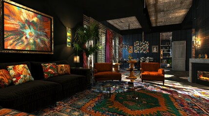 Poster - A modern 3D home interior with a spacious living room and stylish decor. 