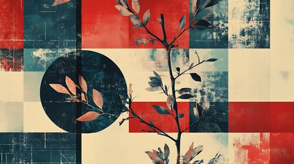 Poster - The branch and leaves are painted over a grid background