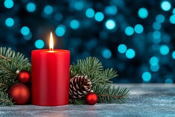 Poster - Advent wreath with the first lit candle and Christmas decoration outdoors in a patio at night in bluish light, snowy bokeh, copy space, colorized photo, selected focus