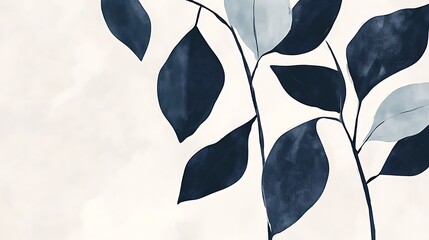 Poster - A Minimalist Painting Featuring Branch And Blue Leaves Against Cream Backdrop