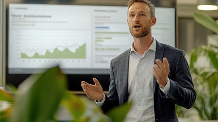 Poster - a corporate sustainability officer presenting a financial strategy for reducing carbon footprints.