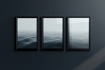 Poster - Elegant display of three framed posters against a deep dark background in soft natural light