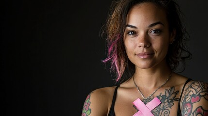 Poster - A portrait of a woman with a pink ribbon tattoo, symbolizing breast cancer awareness 