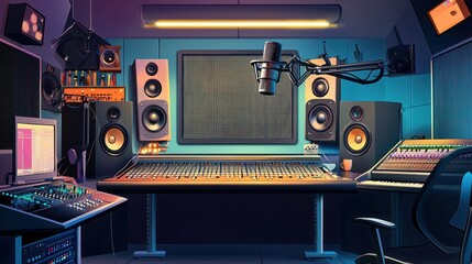 Poster - A professional podcast microphone with a pop filter in a modern recording studio. 