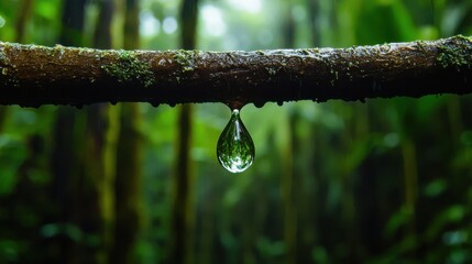 Poster - A drop of water hangs from a tree branch