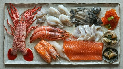 Poster - A raw seafood assortment laid out on a large platter at a buffet station in a hotel. 