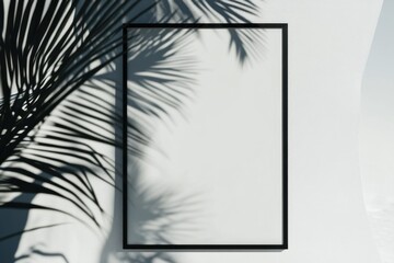 Poster - Mockup of a modern picture frame against a smooth white backdrop with soft palm shadows