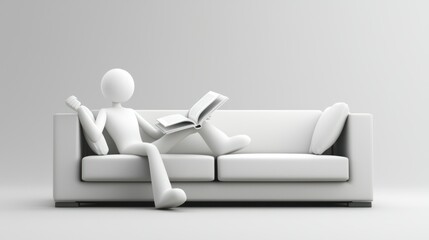 Poster - A relaxed 3D man sitting on a couch with a book in hand. 