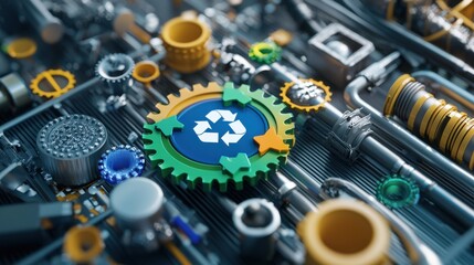 Aufkleber - A green and blue gear with a recycle symbol on it is surrounded by other gears