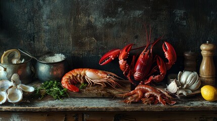 Poster - A rustic wooden table with raw seafood and cooking ingredients arranged for a recipe shoot. 