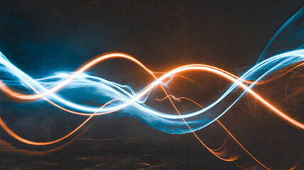 Poster - electric symphony: dynamic waves of vibrant blue and orange light dance across a darkened canvas, cr