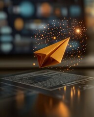 Poster - Orange Paper Airplane with Sparkles on Digital Interface Background for Creativity and Imagination Concept