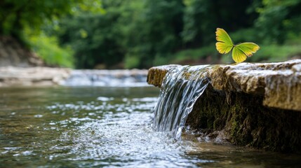 Poster - A small green leaf is on top of a rock in a stream