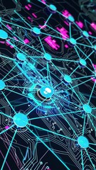 Poster - Dynamic network visualization of neural connections and data flow in futuristic interface