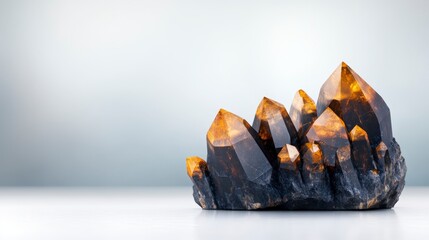 Poster - Sparkling Amber Quartz Crystals on Dark Rock with Subtle Gray Background for Natural Aesthetic and Home Decor