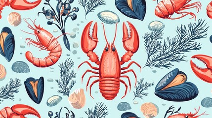 Poster - A seamless vector pattern of seafood elements, including lobster, mussels, and seaweed, on a light blue background. 