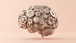 © Tichila - realistic metal human brain made of parts and gears, floating on a peach background.
