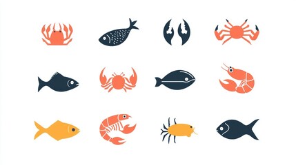 Poster - A set of simple, modern seafood icons, including fish, crab, shrimp, and clams, in a flat design style. 