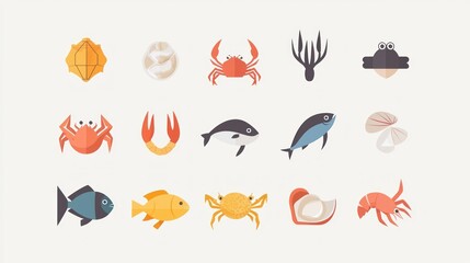 Poster - A set of simple, modern seafood icons, including fish, crab, shrimp, and clams, in a flat design style. 
