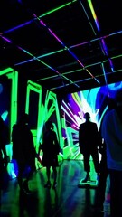 Poster - Immersive digital art experience: people engaging with vibrant neon light displays
