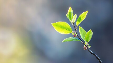 Poster - A single branch of a blueberry bush with berries and leaves detailed in focus, set against a blurred natural background 