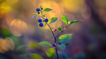 Poster - A single branch of a blueberry bush with berries and leaves detailed in focus, set against a blurred natural background