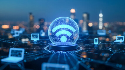 Poster - Modern Technology Concept of Wireless Connection with Globe, Laptops, and City Skyline at Night