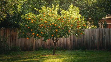 Poster - A single orange tree growing in a backyard, surrounded by a fence. 