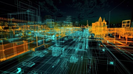 Poster - Conceptual cityscape blueprint design with glowing wireframe structures