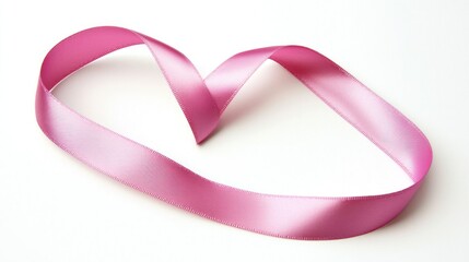 Poster - A single pink ribbon forming a heart shape on a plain white backdrop. 