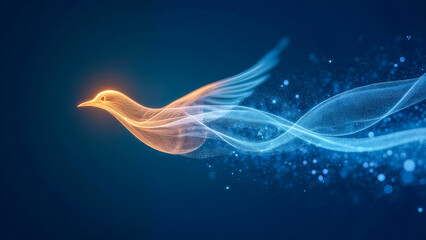  - ethereal bird illustration with streamlined motion and vibrant color blends on a deep blue backgroun