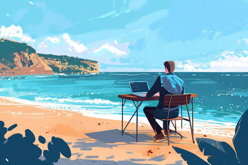 A man is sitting at a desk on a beach, working on a laptop. Concept of relaxation and productivity, freedom and remote work.
