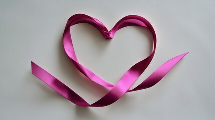 Poster - A single pink ribbon forming a heart shape on a plain white backdrop. 