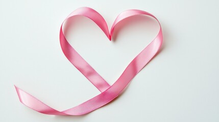 Poster - A single pink ribbon forming a heart shape on a plain white backdrop. 