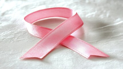 Poster - A single pink ribbon looped into the awareness symbol on a bright white surface. 