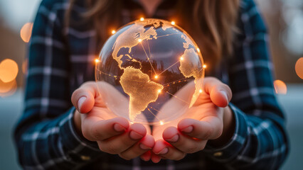 Poster - Hands Holding Glowing Earth Globe with Network Connections in Evening Light for Global Awareness and Environmental Themes