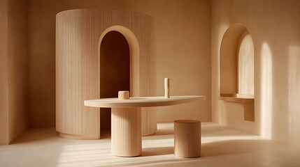 Poster - Wooden Furniture And Architecture Shown Inside A Spacious Room