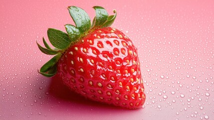Poster - A single strawberry with water droplets for a fresh look, isolated on a gradient pink background 