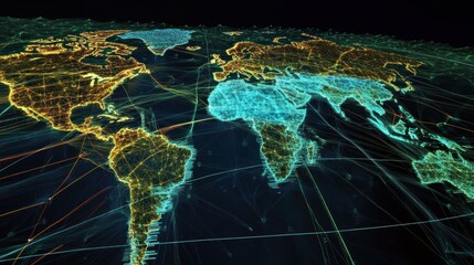Poster - Interconnected world map visualization with illuminated data pathways